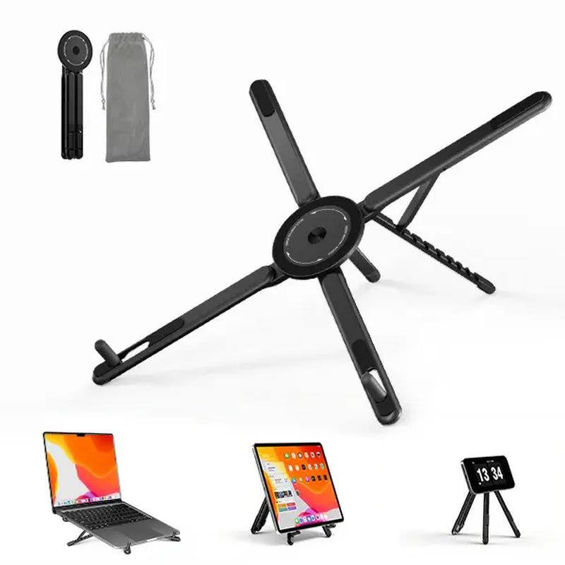Viozon Foldable Adjustable Laptop Stand with Magnetic Phone Holder, Aluminum Riser for 10–16” Laptops and 4–13” Phones/Tablets (Silver)