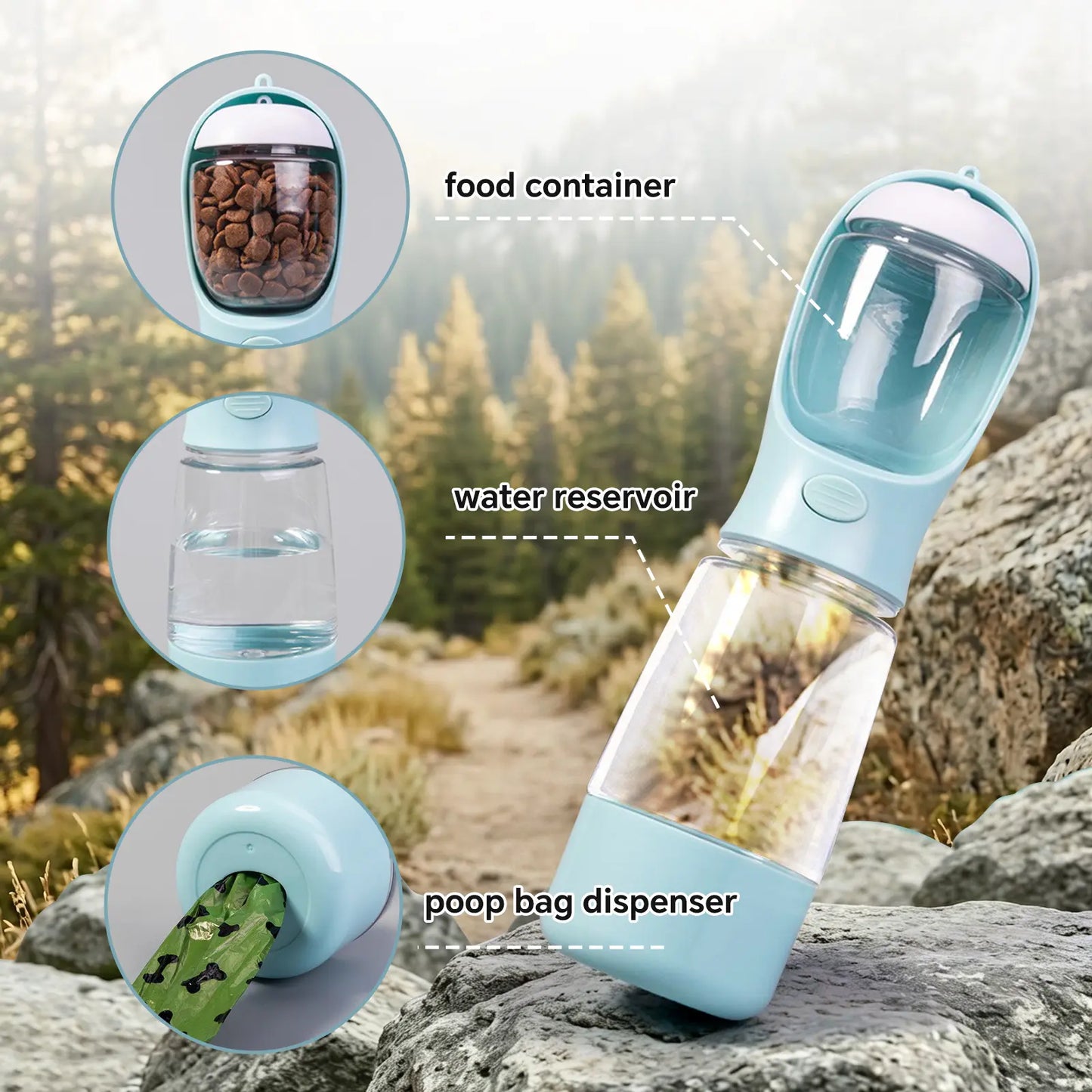 Premium 3-in-1 Portable Dog Water Bottle with Integrated Food Container and Waste Bag Dispenser - Ideal for Hiking and Walking