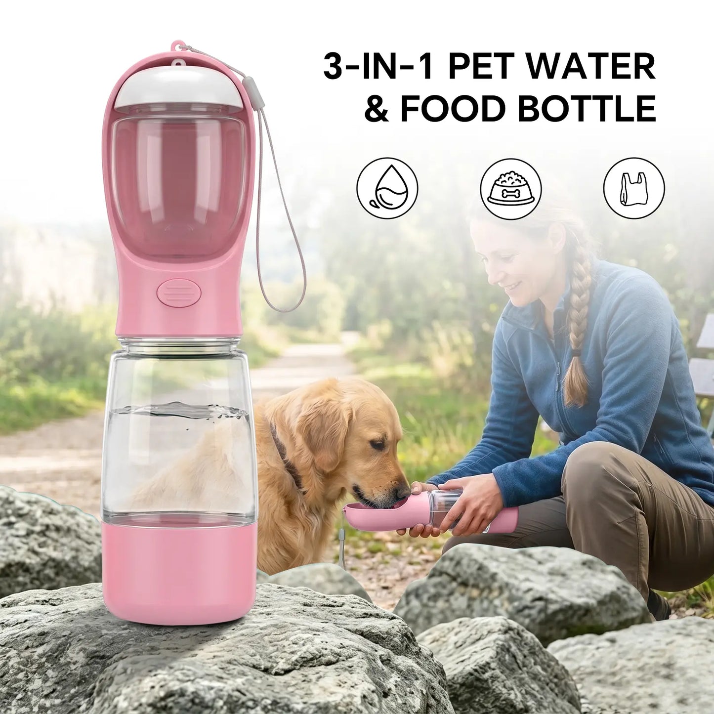 Premium 3-in-1 Portable Dog Water Bottle with Integrated Food Container and Waste Bag Dispenser - Ideal for Hiking and Walking