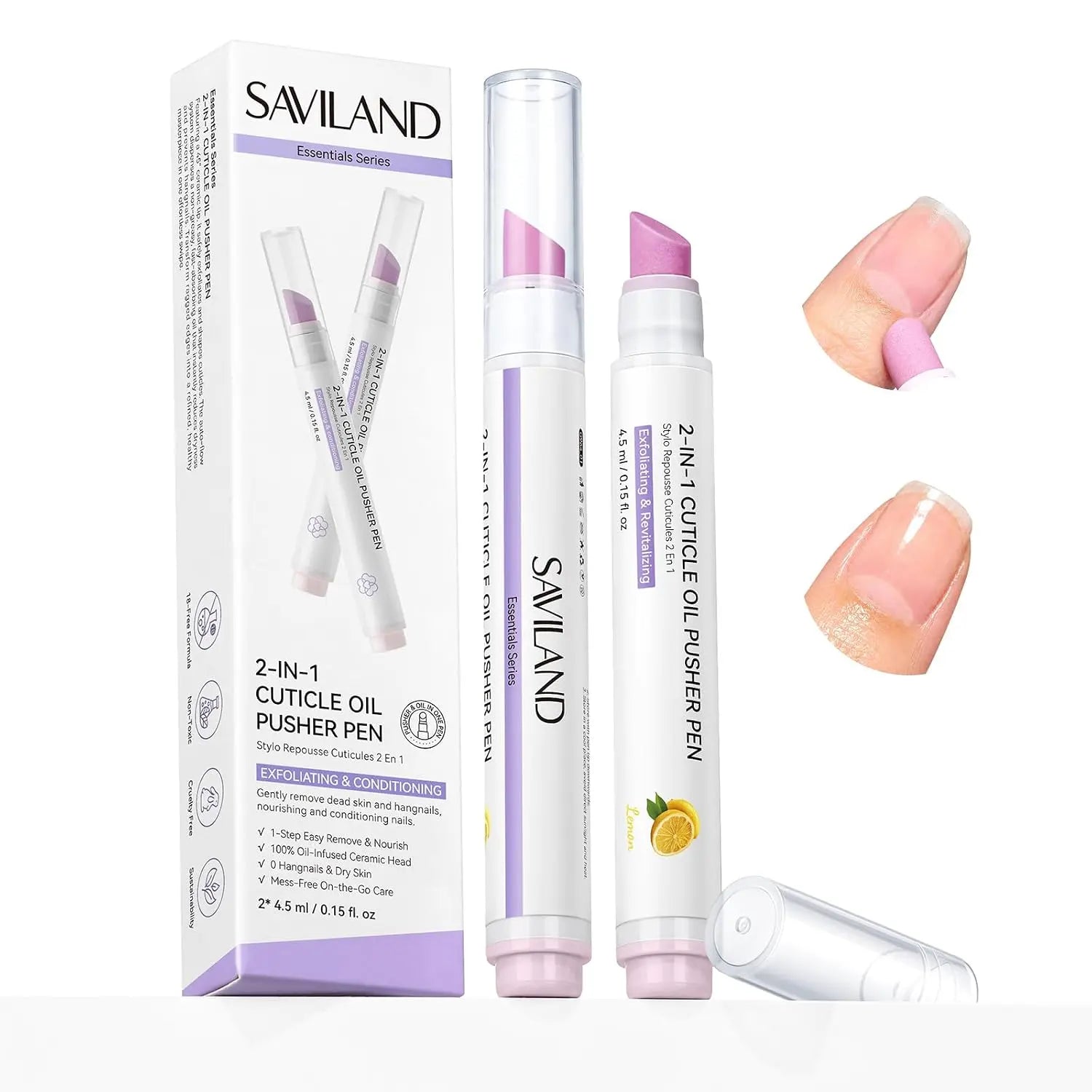 SAVILAND Cuticle Remover Pen Set: 2 Ceramic Cuticle Pushers and 4.5ml Nourishing Cuticle Oil for Enhanced Moisturization and Strengthening