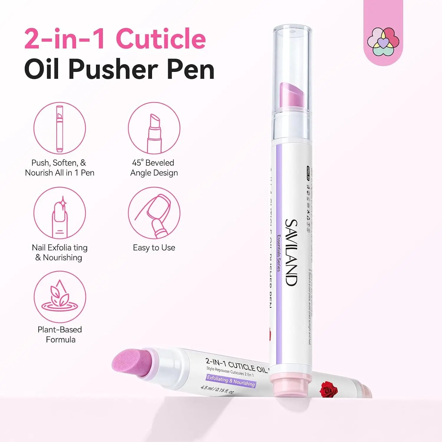 SAVILAND Cuticle Remover Pen Set: 2 Ceramic Cuticle Pushers and 4.5ml Nourishing Cuticle Oil for Enhanced Moisturization and Strengthening