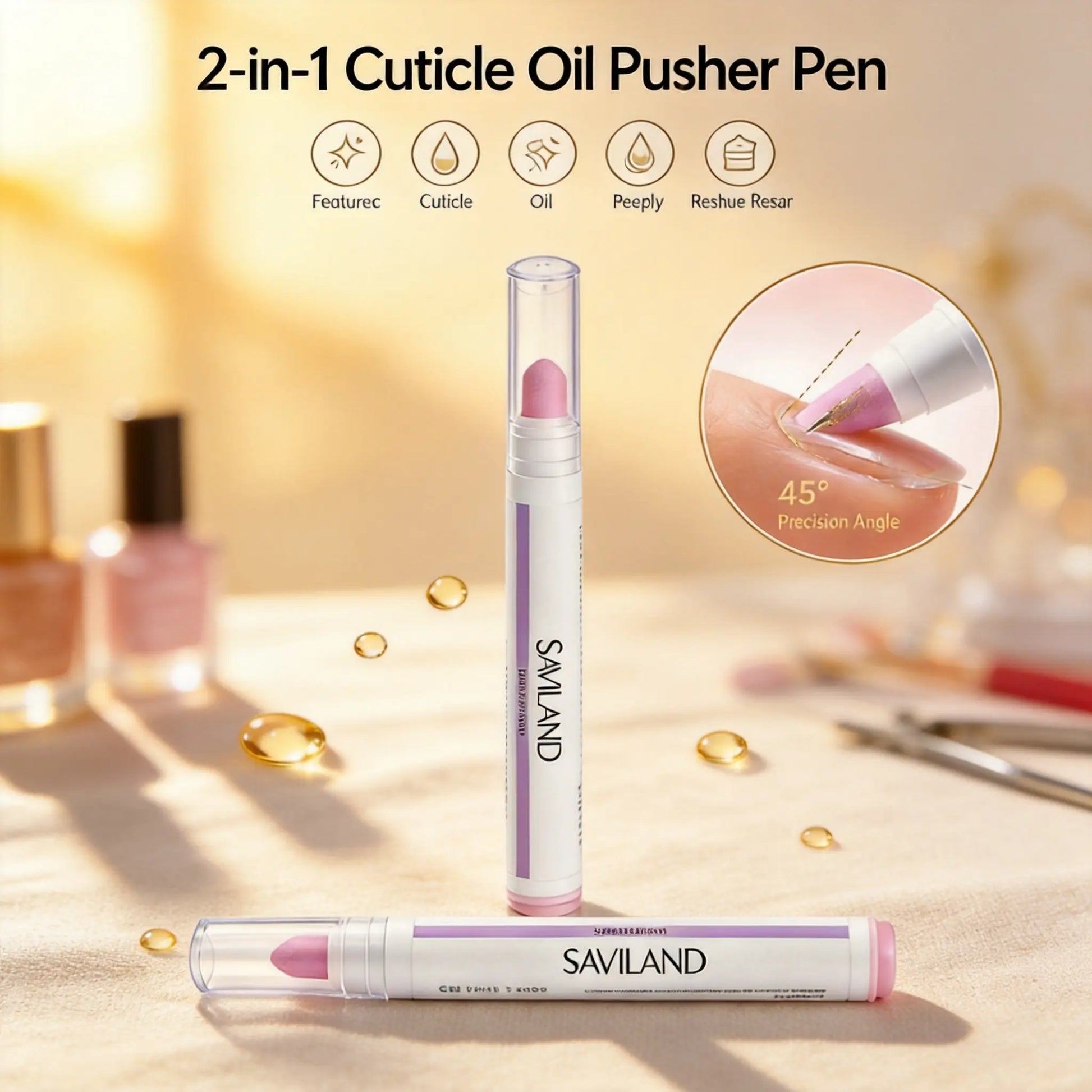 SAVILAND Cuticle Remover Pen Set: 2 Ceramic Cuticle Pushers and 4.5ml Nourishing Cuticle Oil for Enhanced Moisturization and Strengthening