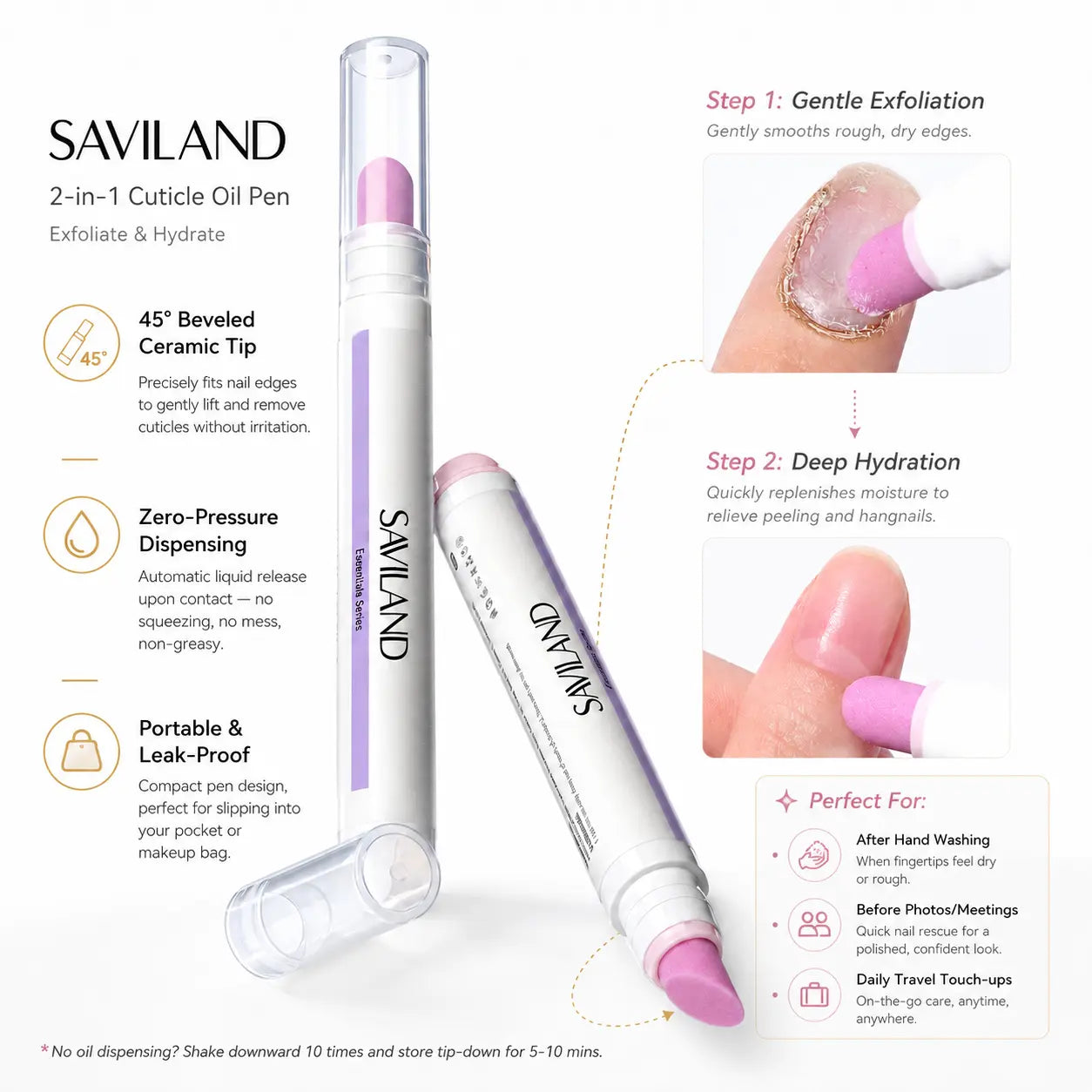 SAVILAND Cuticle Remover Pen Set: 2 Ceramic Cuticle Pushers and 4.5ml Nourishing Cuticle Oil for Enhanced Moisturization and Strengthening