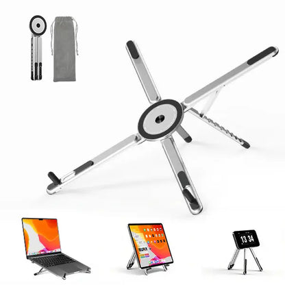 Viozon Foldable Adjustable Laptop Stand with Magnetic Phone Holder, Aluminum Riser for 10–16” Laptops and 4–13” Phones/Tablets (Silver)