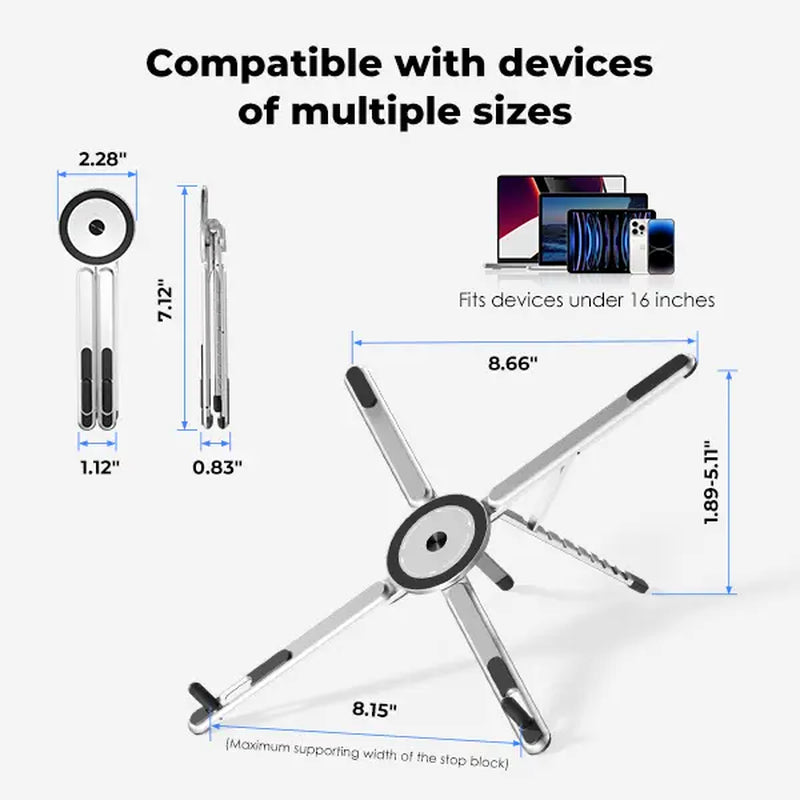 Viozon Foldable Adjustable Laptop Stand with Magnetic Phone Holder, Aluminum Riser for 10–16” Laptops and 4–13” Phones/Tablets (Silver)